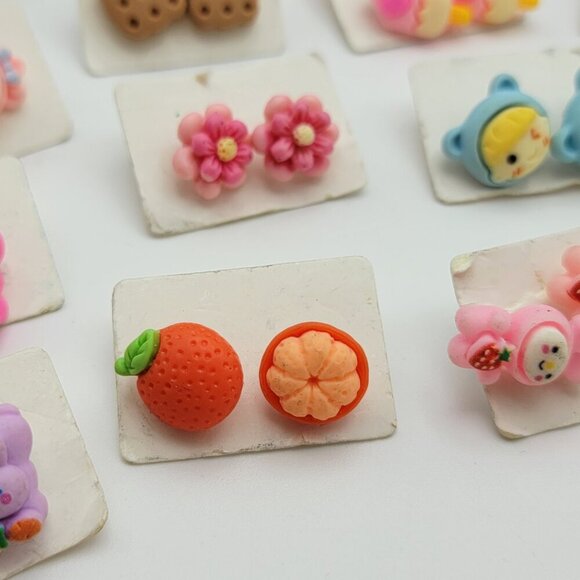 Kids Earrings Stud Multicolor Plastic Lot Of 20 Pairs Bunny Bear Orange Flower - Picture 3 of 12